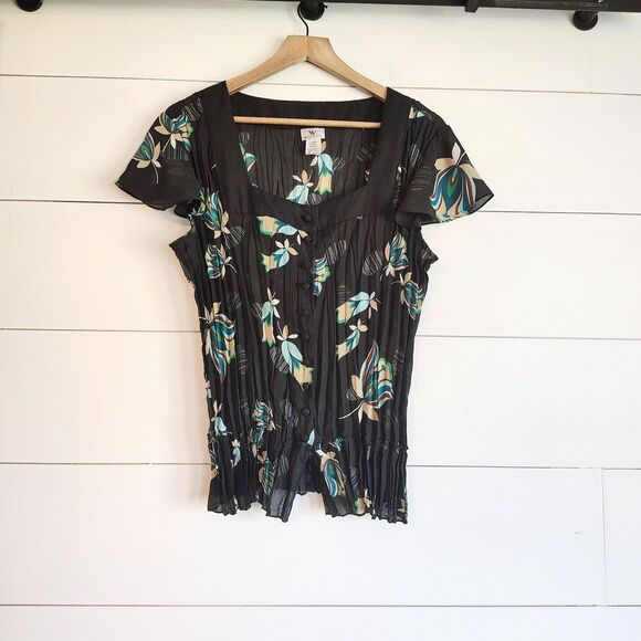 Y2K Square Neck Flutter Grunge Top Size XL Black Preppy Dark Dainty Pleated - Picture 1 of 9